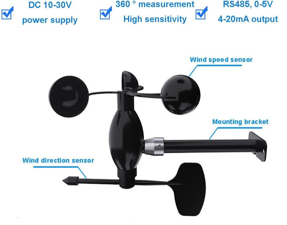 Wind Direction Speed Sensor Transmitter 360° RS485 Modbus Vane Meter