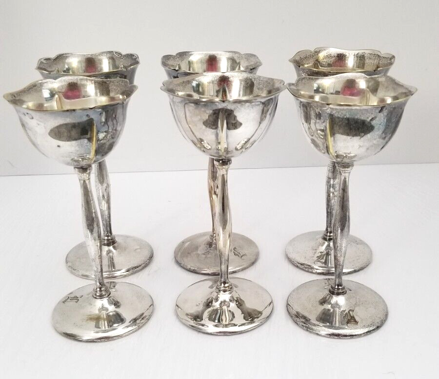 Silver Goblets, Wine Goblets. Set of 6. Silver Plate. Each one is initialed .