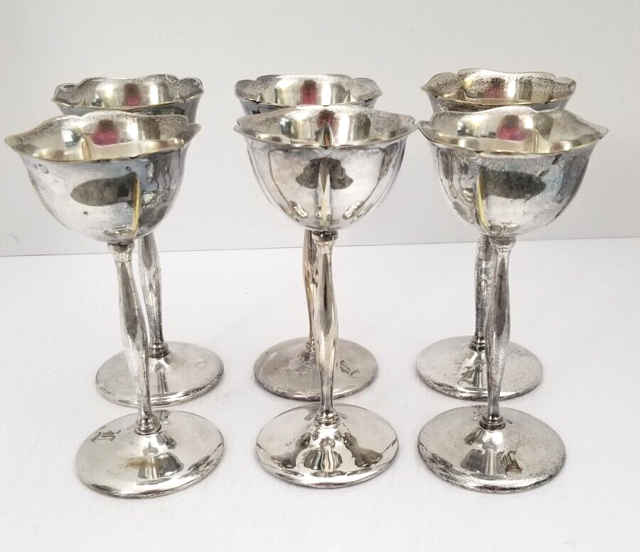 Silver Goblets, Wine Goblets. Set of 6. Silver Plate. Each one is initialed .