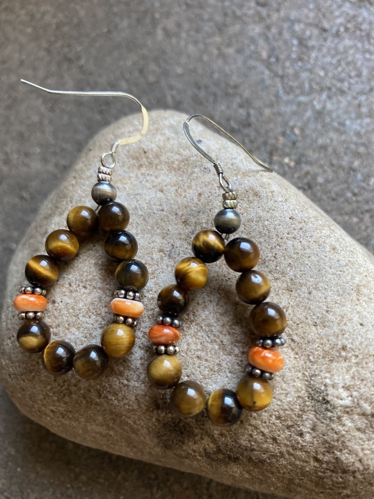 Sterling Silver Tiger’s Eye Spiny Oyster Bead Loop Earrings.
