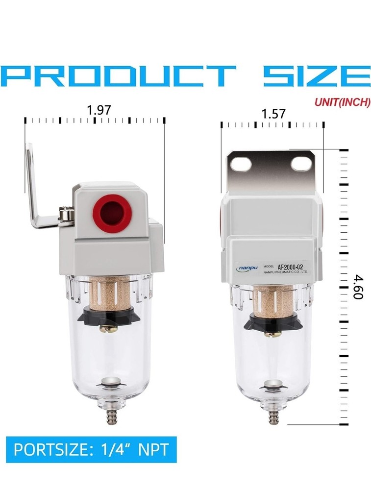 1/4" NPT Compressed Air Line Filter, 5 Micron Brass Element, Poly Bowl