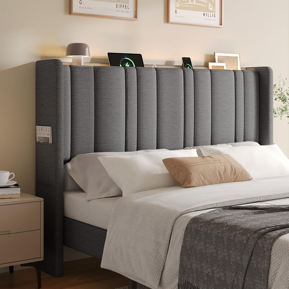 Queen Size Headboard with Storage, LED Light, Linen Vertical Wingback Headboard