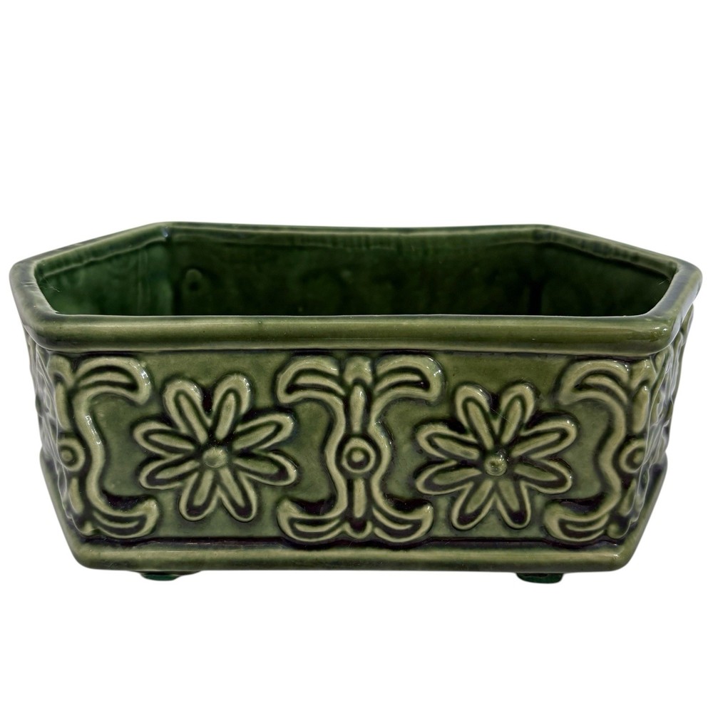 Vintage American Bisque Green Footed Rectangular Planter Floral Scroll 8.75 in