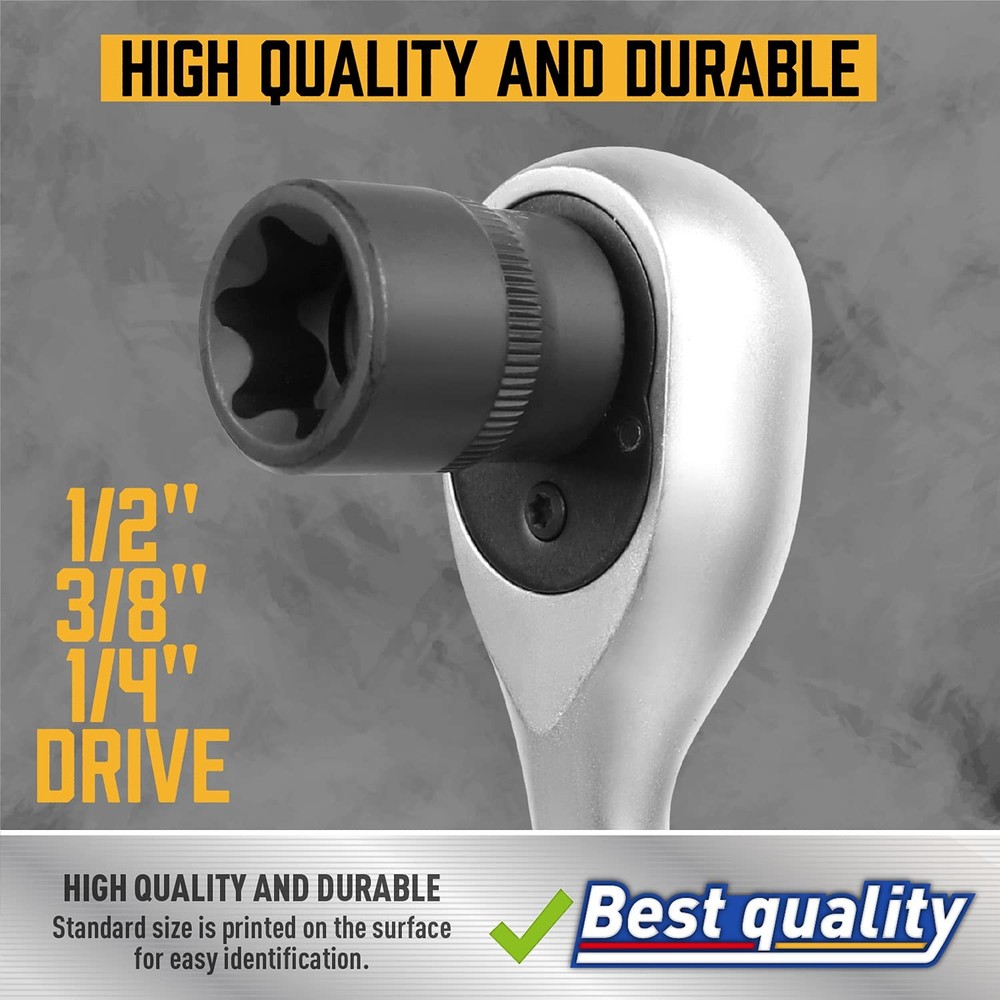 14 Pc Female E-Torx Star Socket Set/Rail, 1/4" 3/8" 1/2" Drive, E24 External ...