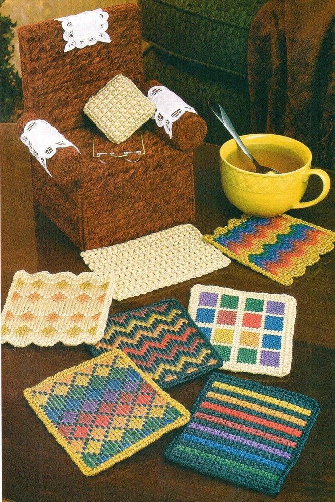 COZY COASTER CHAIR SET 6 AFGHAN DESIGNS PLASTIC CANVAS PATTERN INSTRUCTIONS