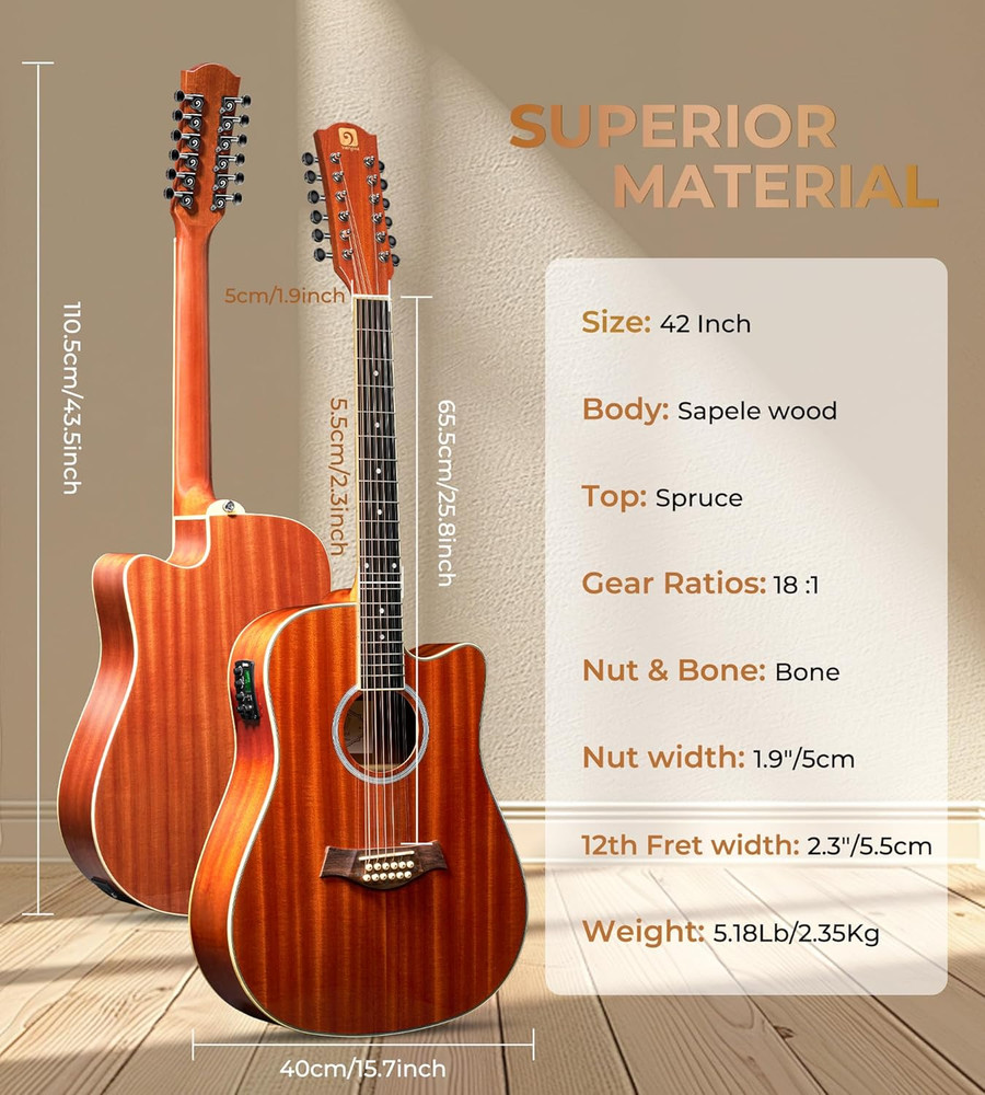 12 String Guitar Acoustic Electric, Upgraded Guitar 12 Strings Bundle for Beginn
