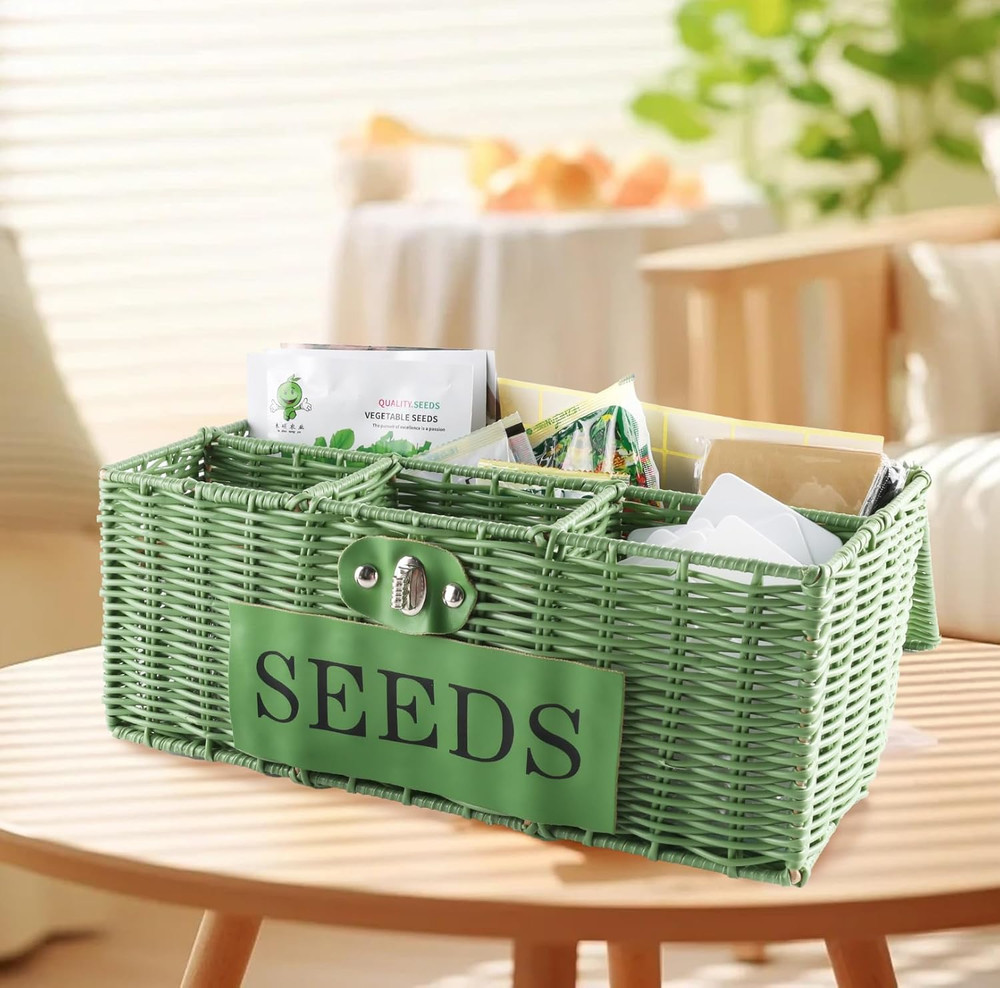 Seed Storage Organizer, 4 Compartment Seed Box with Safety Lock, Poly Wicker Bas