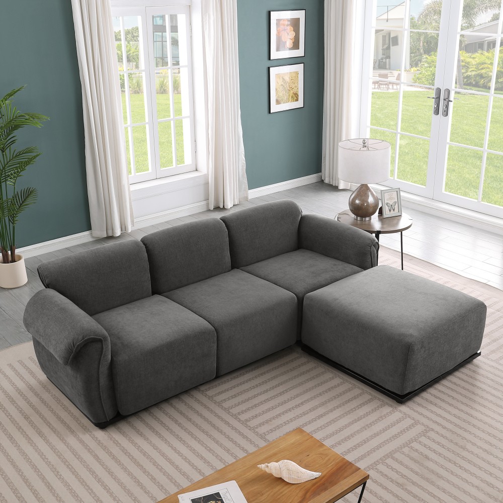 Modern Grey Chenille Sectional Sofa w/ Chaise, Modular, 4-Seat, Living Room