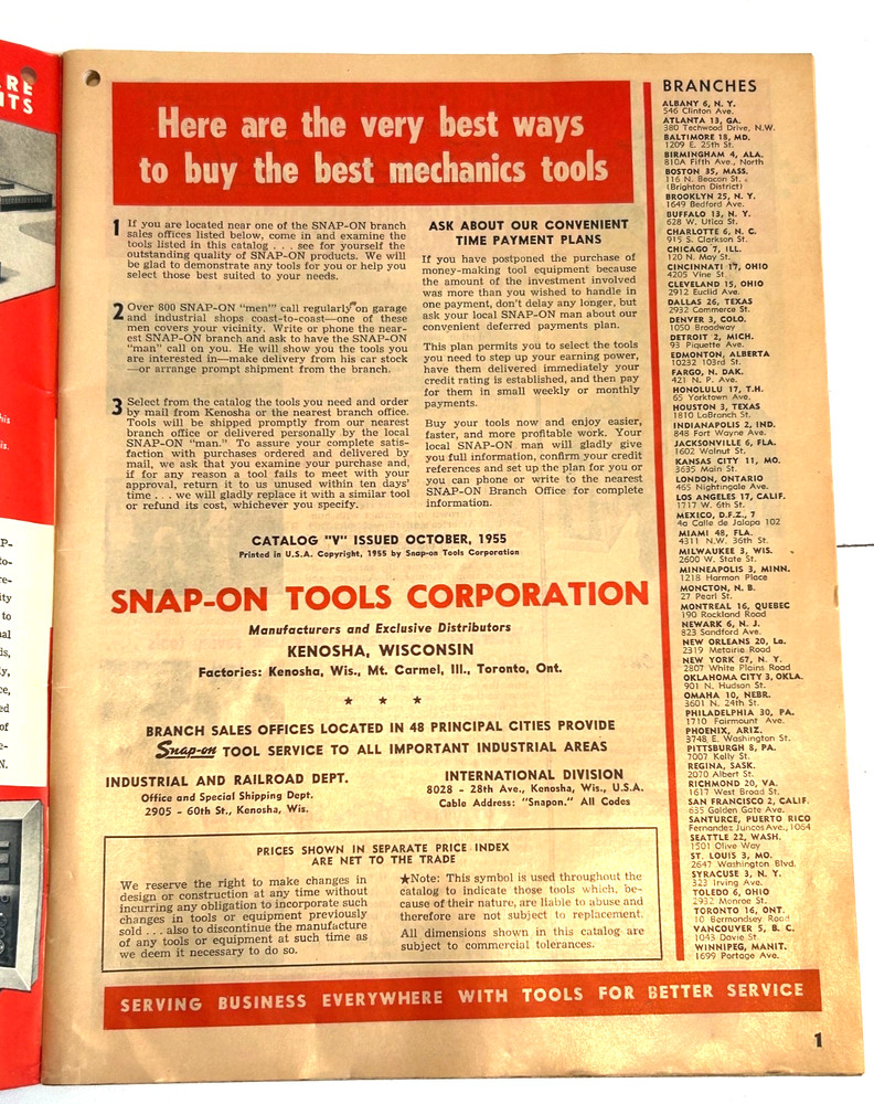 OCTOBER 1955 SNAP-ON TOOL TOOLS CATALOG V SAN FRANCISCO NOVATO CA