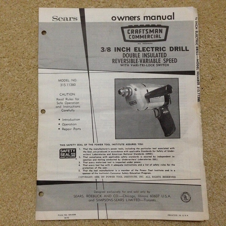 Sears Craftsman Commercial Drill Heavy Duty Reversible Variable Speed Simpsons