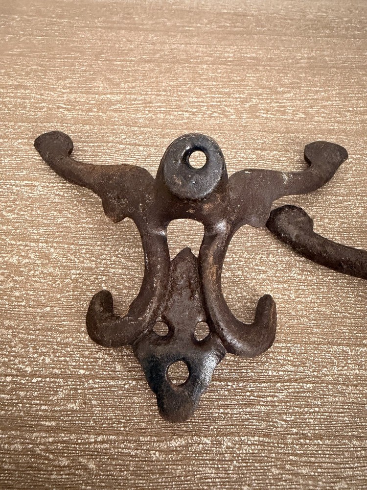 Pair Antique Victorian Cast Iron Double-Arm Wall Hooks Hall Tree Hardware Rusty