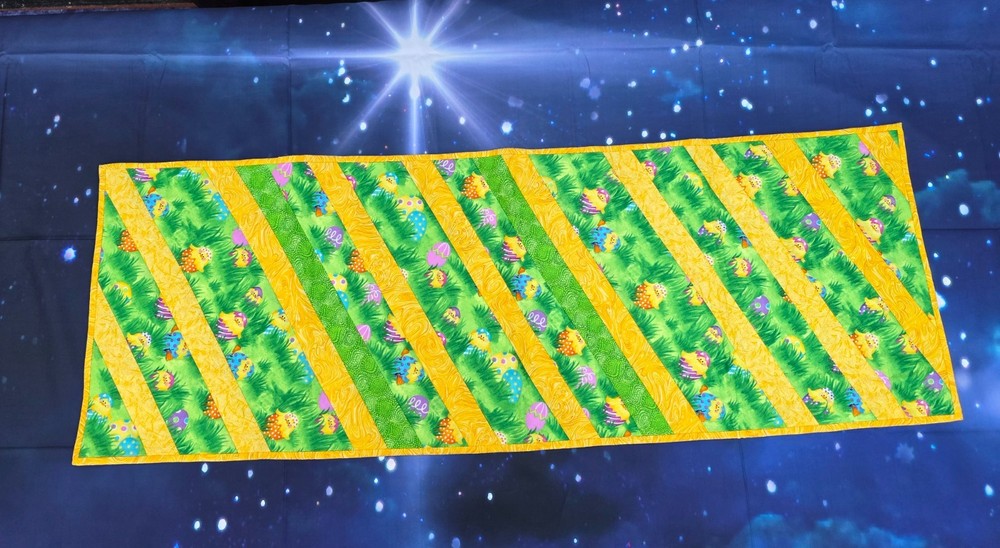Quilted Table Runner Easter Chicks Flowers eggs Strip green yellow chickens