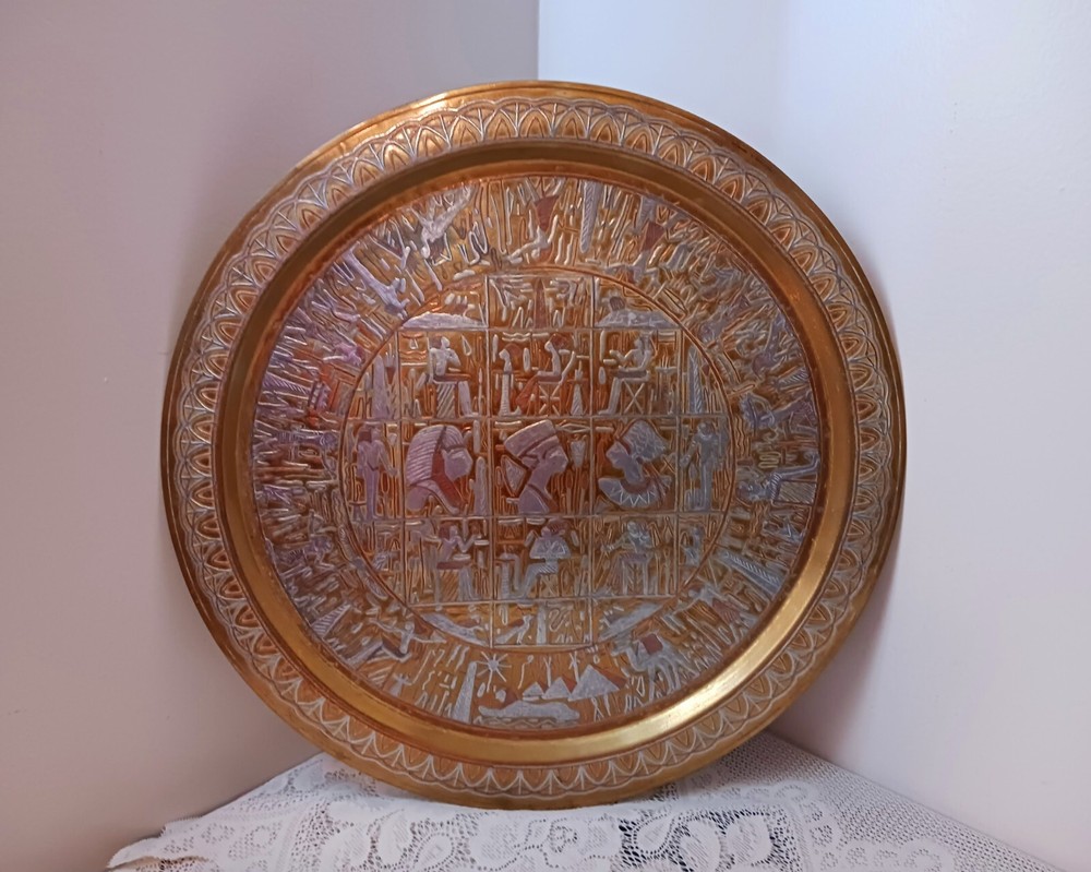 Antique Middle Eastern Large Brass Tray Silver & Copper Inlay