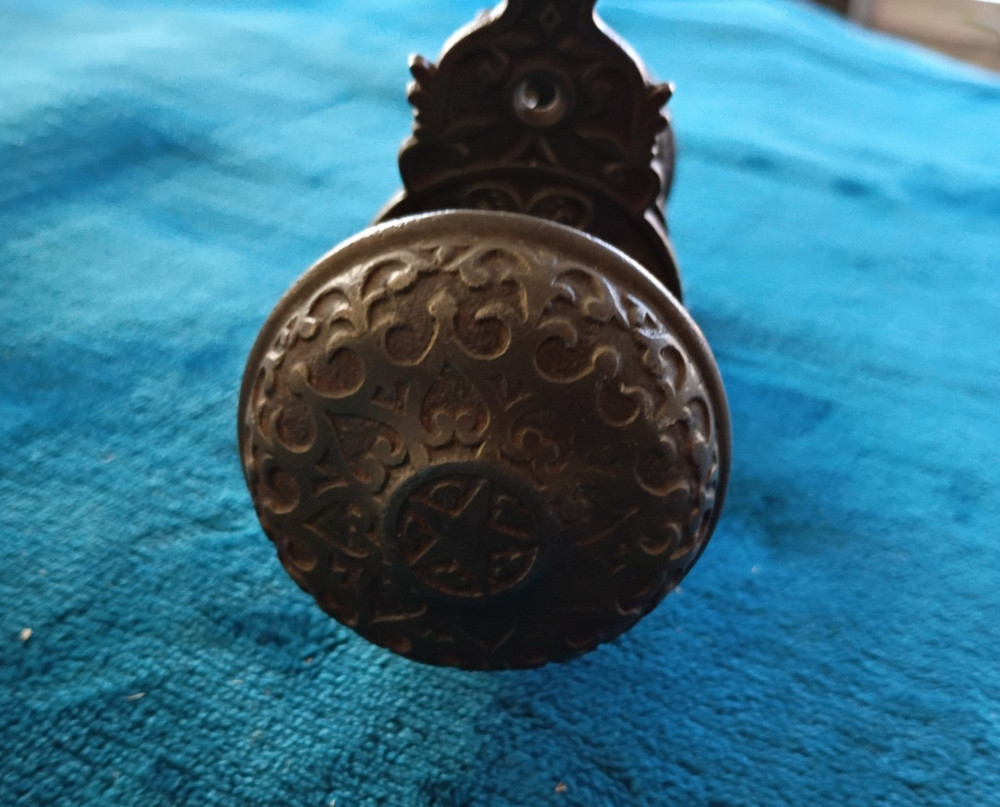 Antique Cast Iron Door Knobs & Back Plates Set .