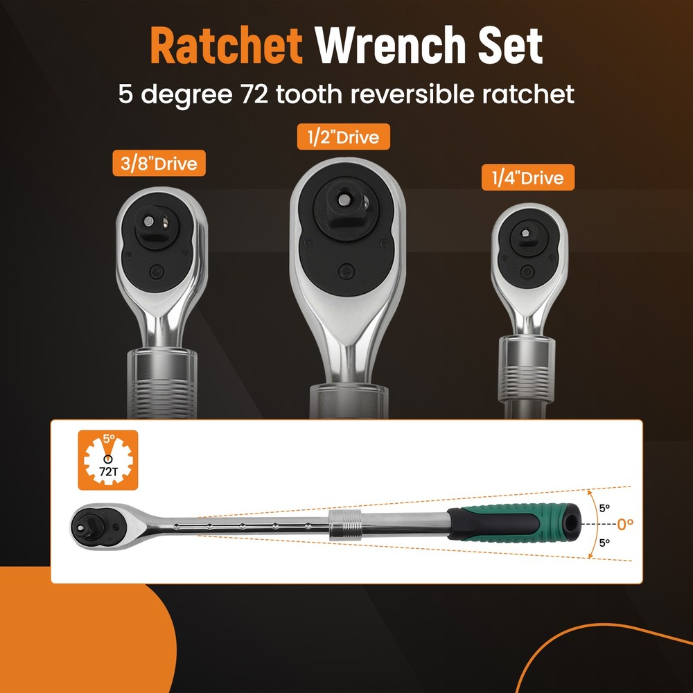 Professional Socket Wrench Collection 72-Tooth 1/4 3/8 1/2 Drive Quick Release