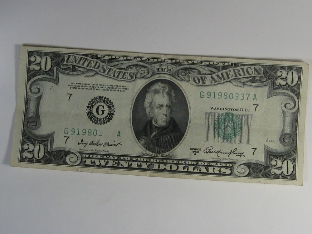 ERROR Note:1950-A $20 FRN w/ Missing Serial Numbers - Print over Foreign Object.
