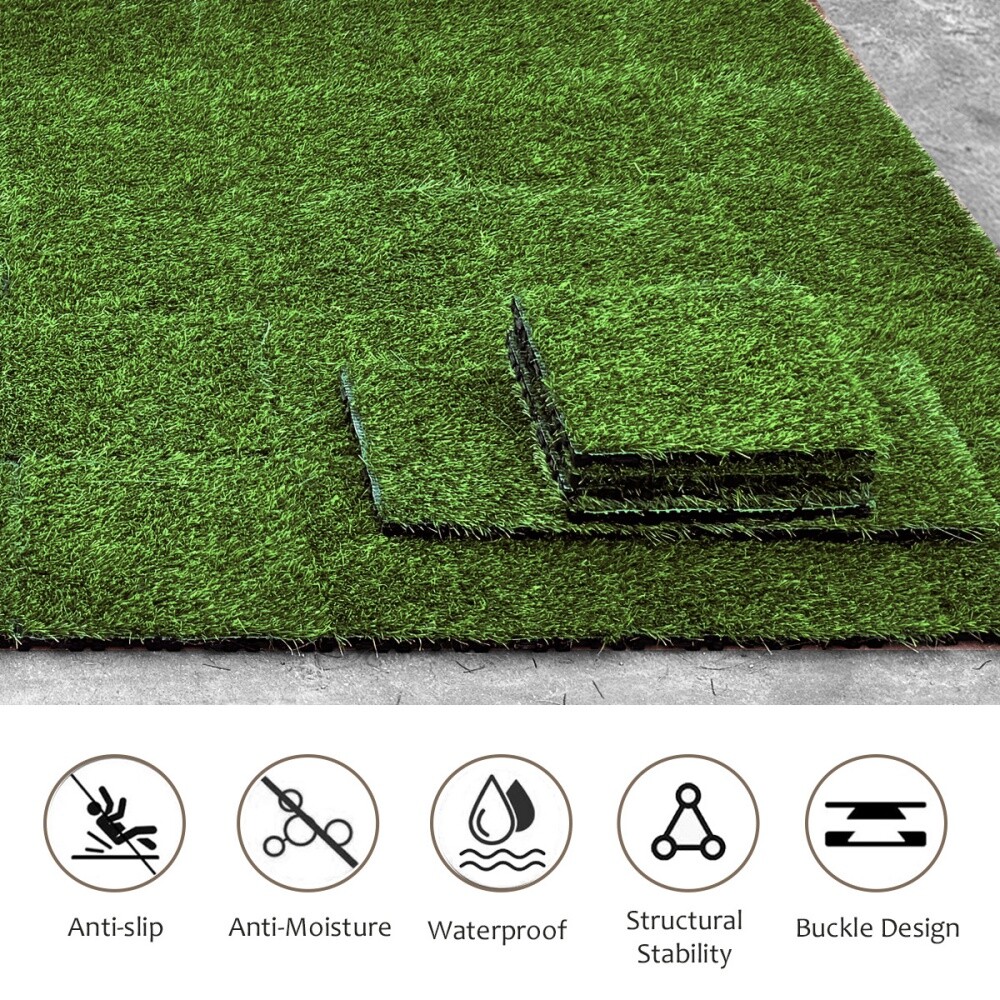 A set of 35 self-draining artificial turf tiles with interlocking features