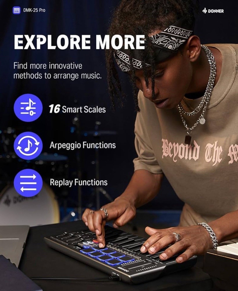 New Donner USB-C MIDI Keyboard DJ Controller OLED 25Key 8Drum Pad Touch Bar