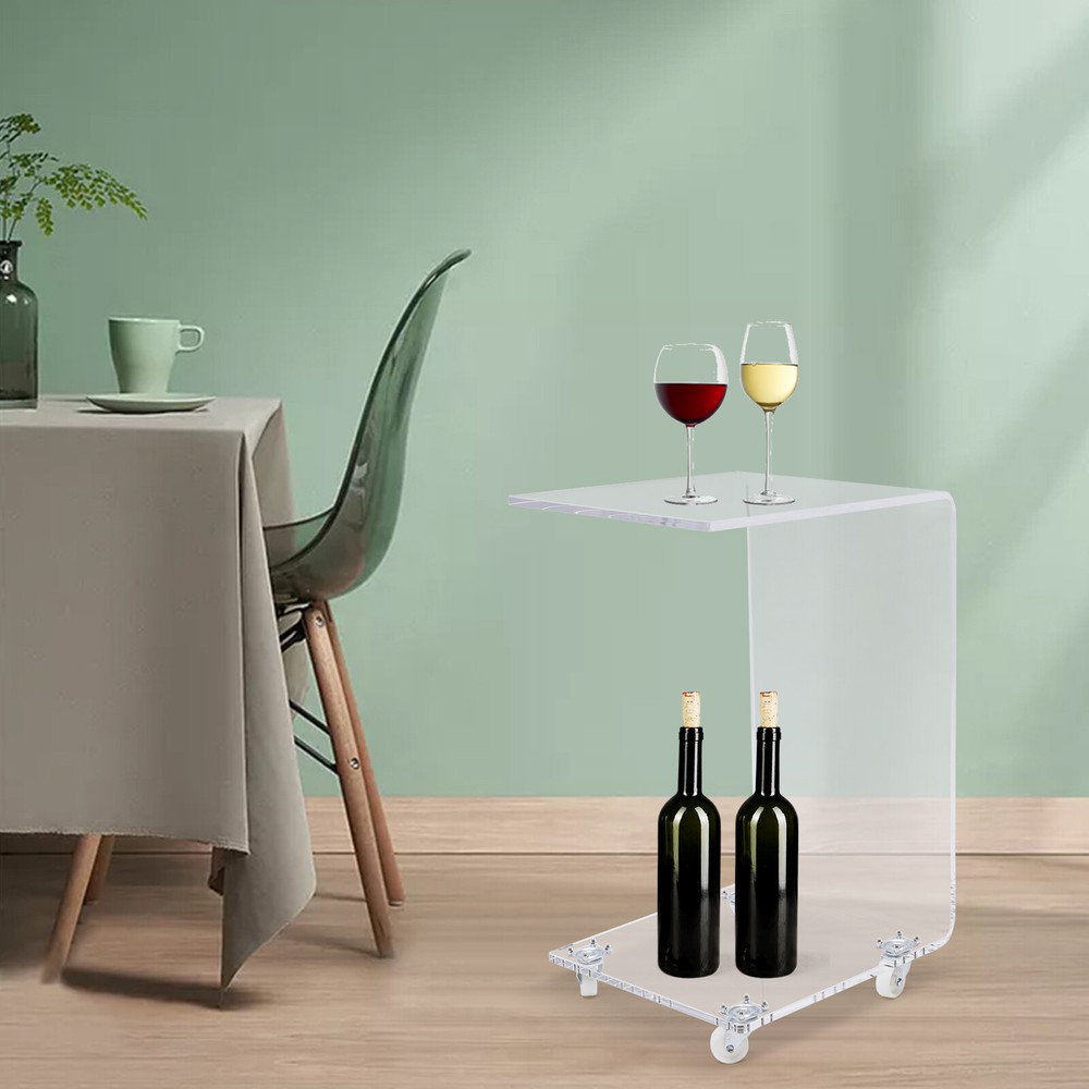 Acrylic Movable Clear Bedside Table C-Shaped End Table Snack Table on Wheels