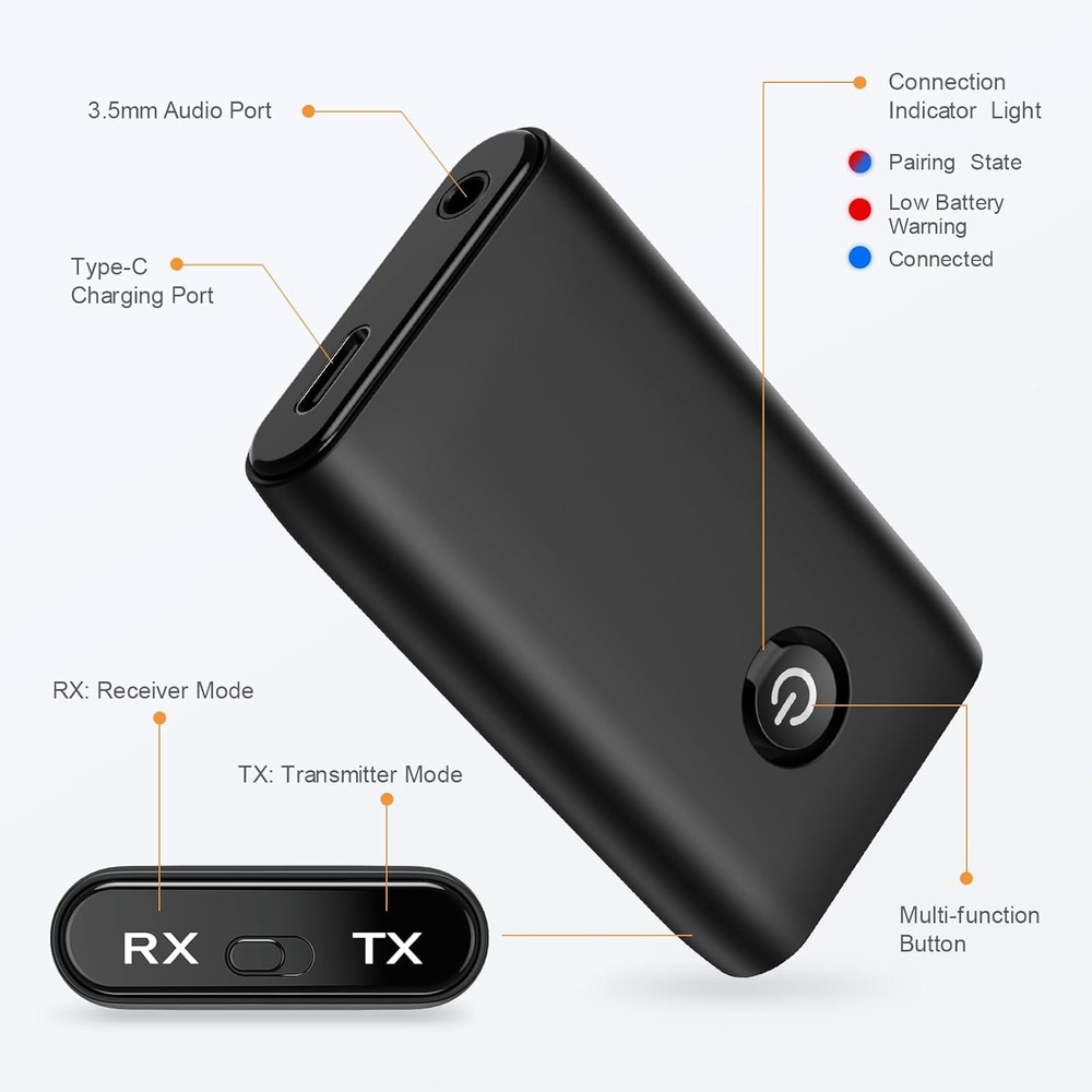 JXTZ Aux Bluetooth Adapter for Car, 2 in 1 Transmitter Black