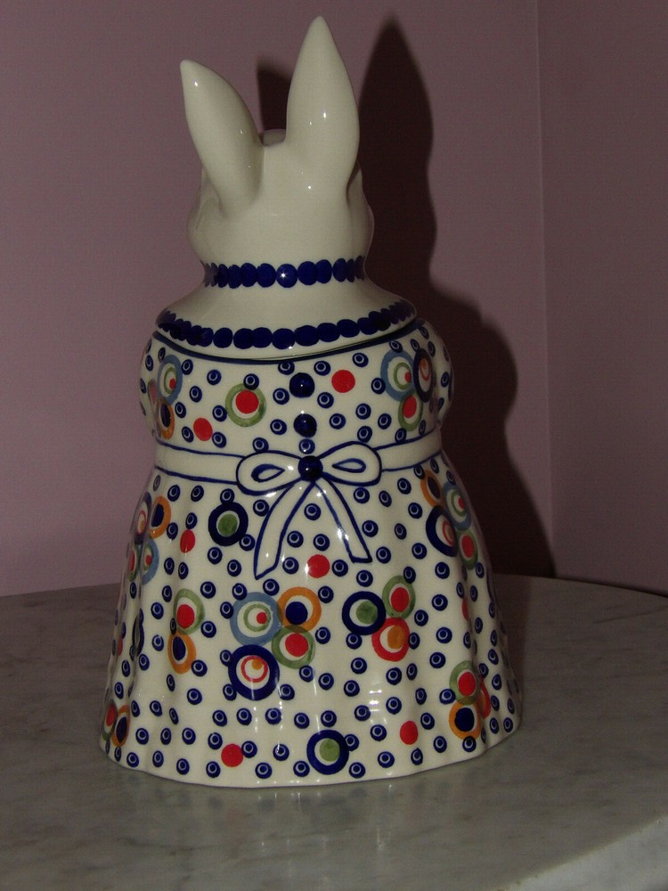 Polish Pottery Bunny Cookie Jar! Happy Happy Pattern!