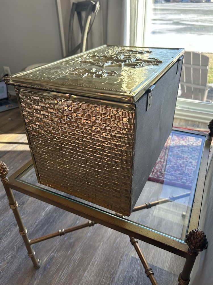 Brass-clad coal box w/embossed sailing ship motif