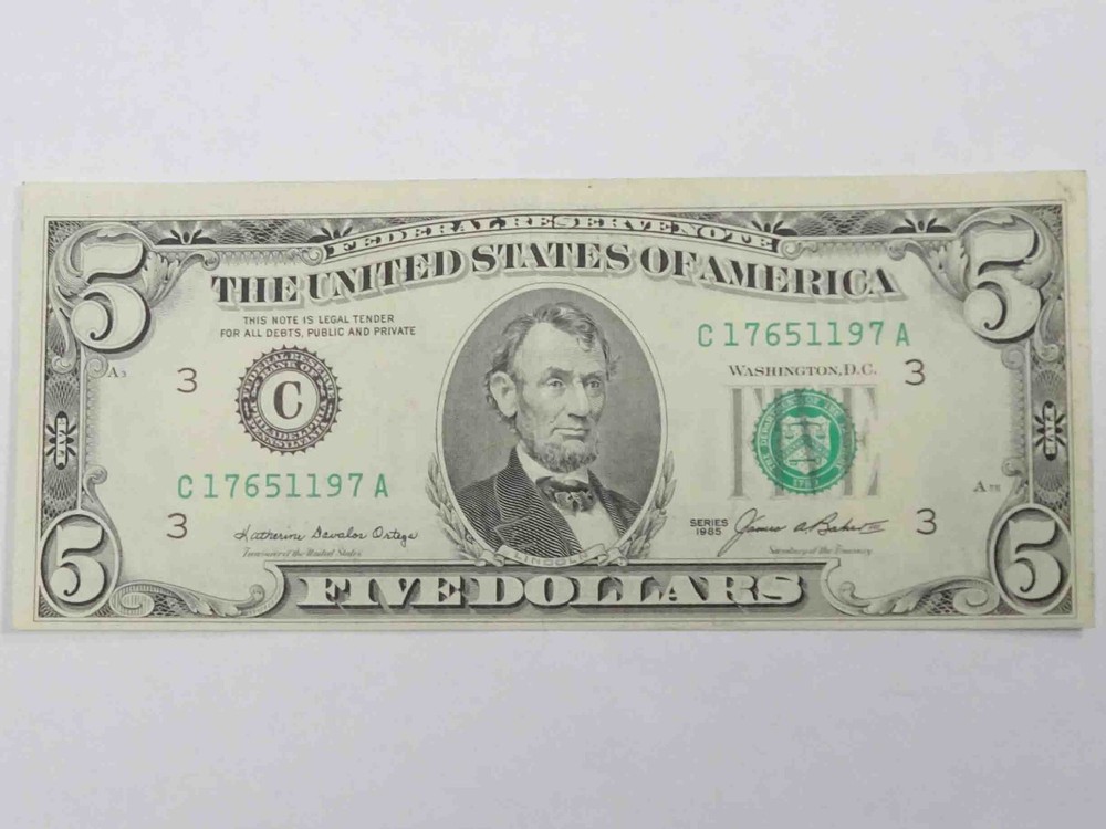 1985 $5 Federal Reserve Note Front to Back Ink Transfer Error
