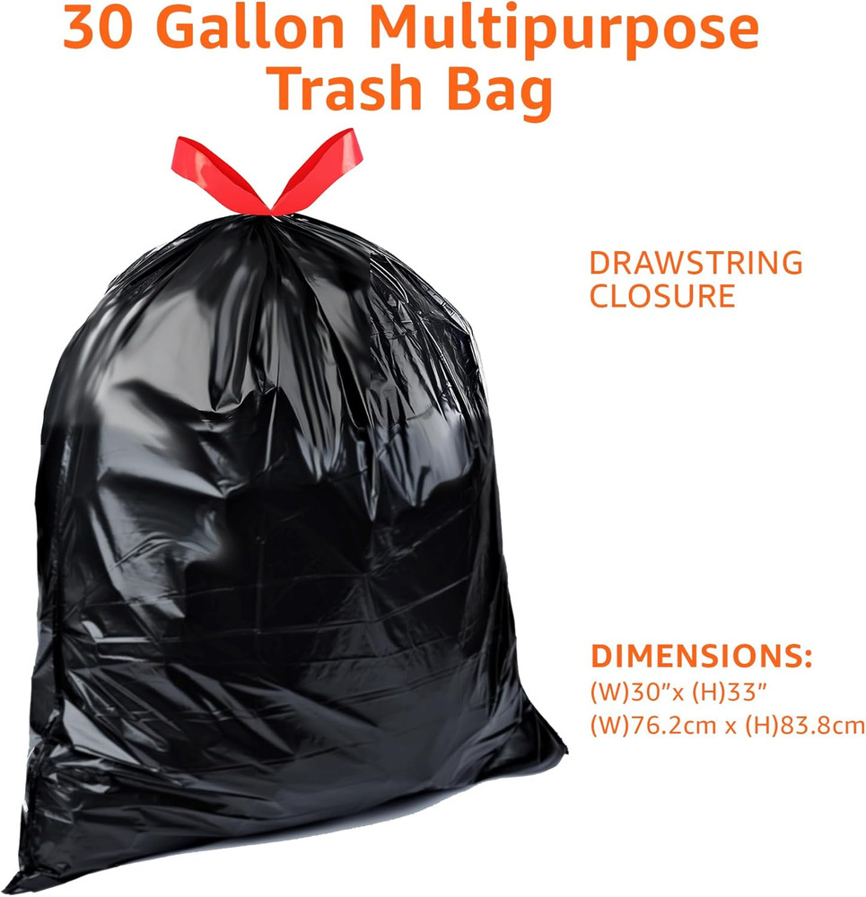 Multipurpose Drawstring Trash Bags, 30 Gallon Capacity, Tear Resistant, 50 Count