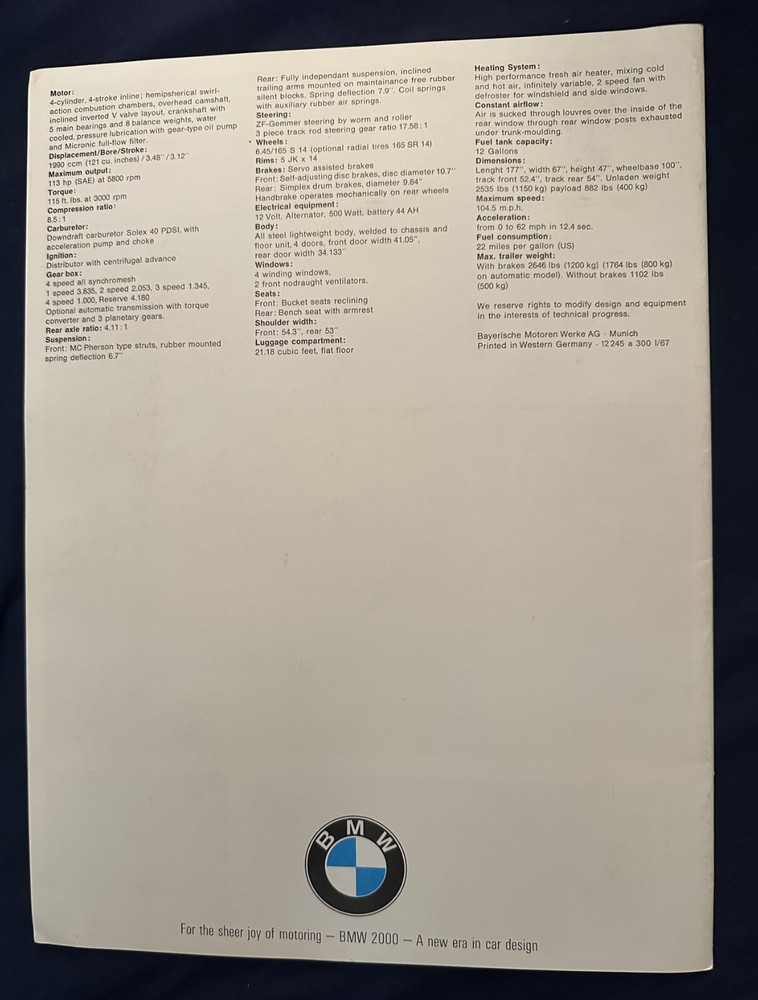 BMW 2000 sales brochure