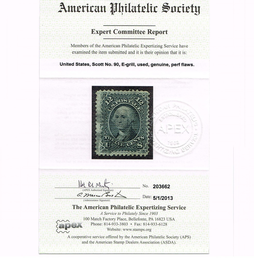 EXCEPTIONAL GENUINE SCOTT #90 VF USED 1868 BLACK APS CERT CLEAR E-GRILL
