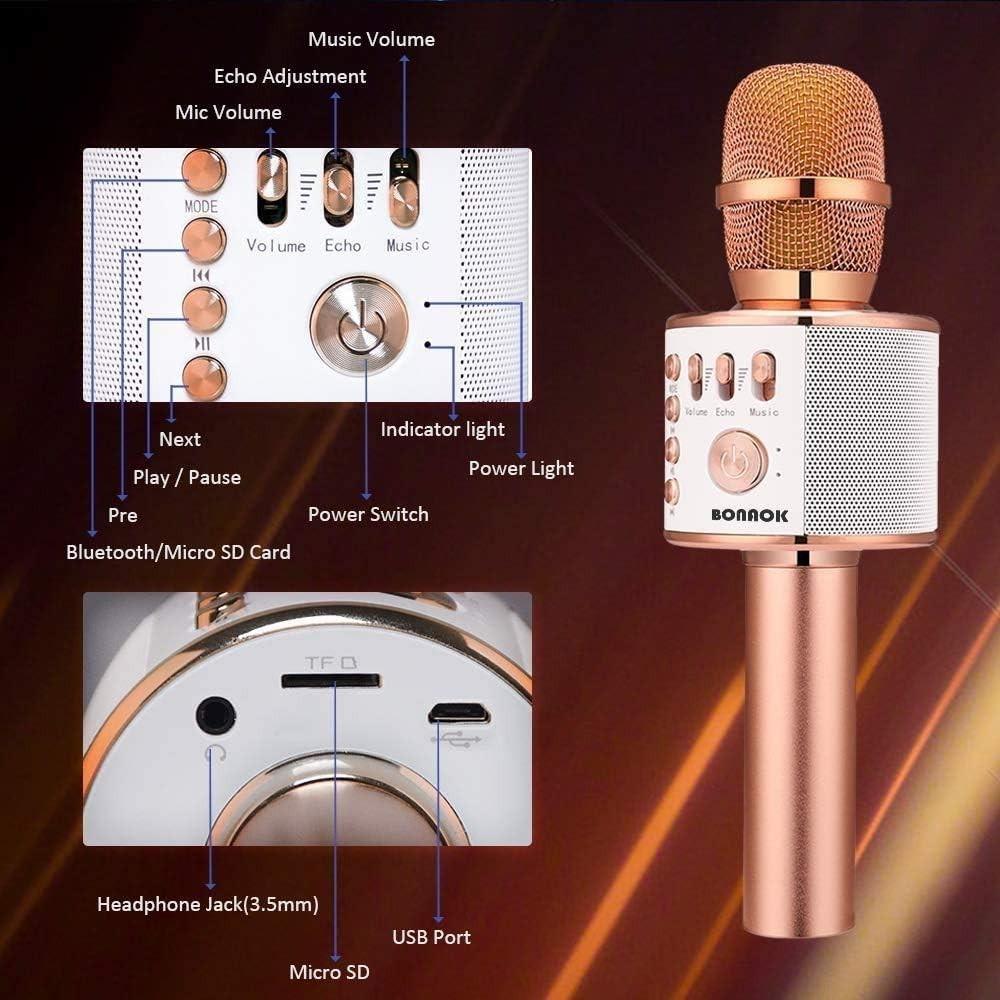 Rose Gold Wireless Bluetooth Karaoke Microphone, Portable Handheld Mic with S...