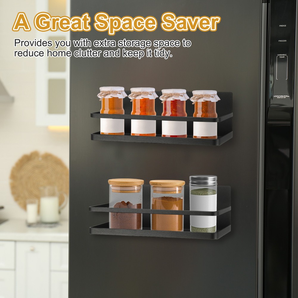 2 Pack Magnetic Spice Rack for Refrigerator, Magnetic Shelf, Black
