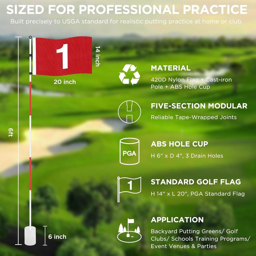 Golf Flagstick 6ft, Portable Five-Section Design for Backyard Practice Puttin...