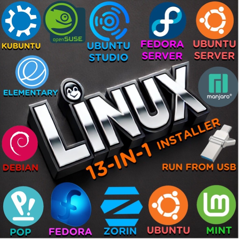 Linux 13-in-1 Multi-Boot USB Installer | Dual USB-A & USB-C | For Windows or Mac