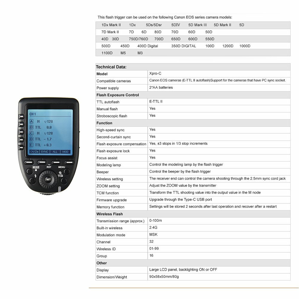 Godox XPro-C Transmitter Trigger TTL 2.4G Flash Speedlite For Canon EOS Camera