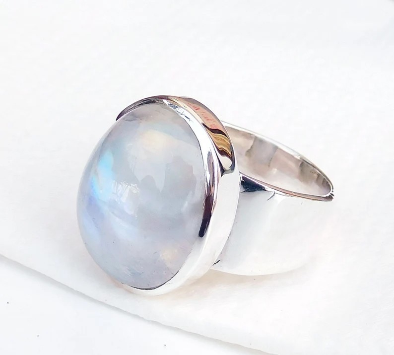 Solid 925 Sterling Silver Natural Rainbow Moonstone Large Oval Blue Flash Ring