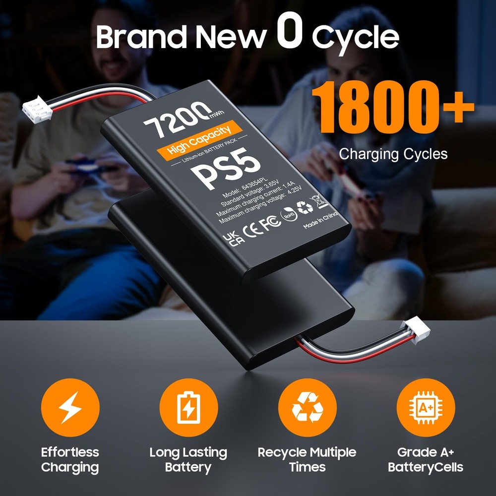 PS5 Controller Battery, High Capacity 2x7200mWh Rechargeable black