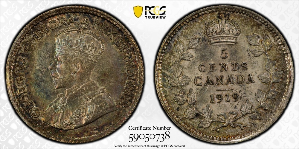 1919 Canada 5 Five Cents, SILVER, KM# 22, PCGS MS63