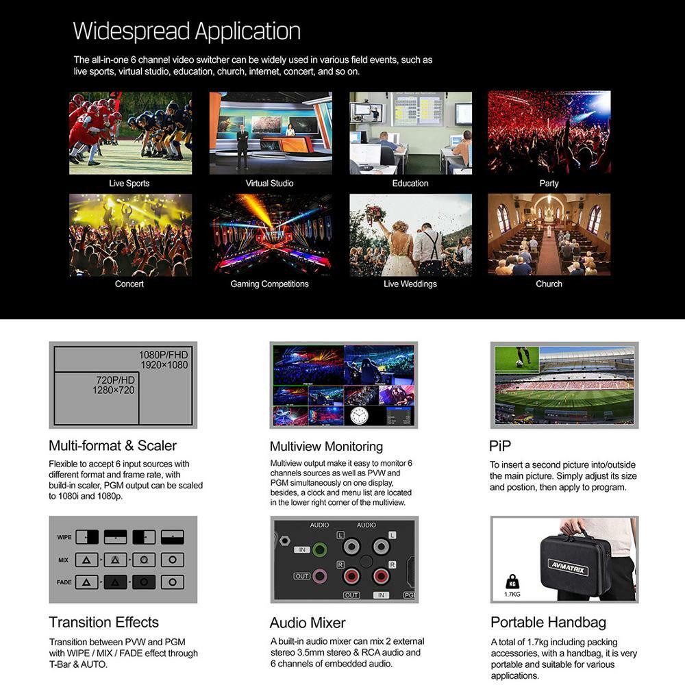 AVMATRIX VS0601U Mini 6 Channel Multi-Format Streaming Switcher 1×USB type-C Out