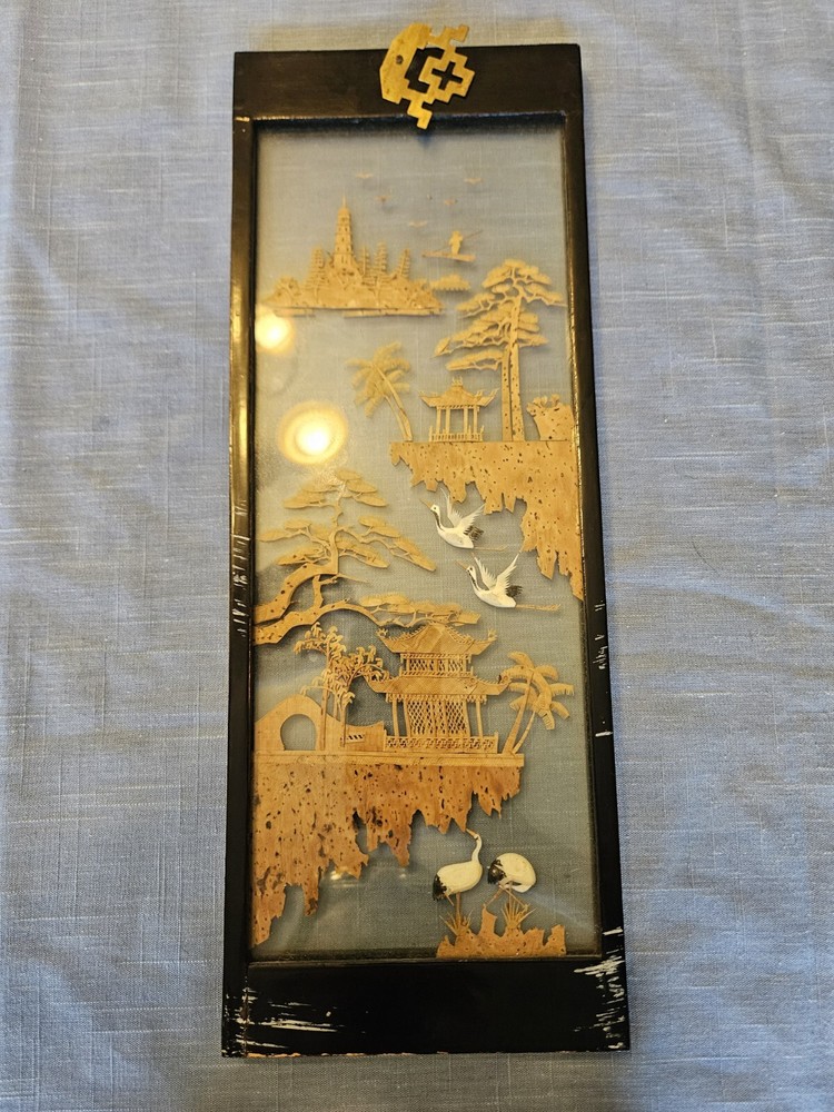 Chinese Framed 3D Cork Art Panel Black Frame With Birds Castles & Floating Isles