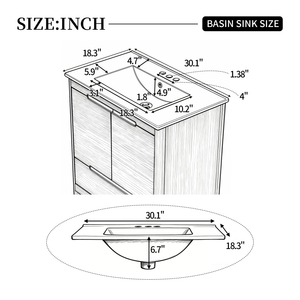 30in Oak Bathroom Vanity with Ceramic Sink, Soft-Close Doors, Adjustable Shelf