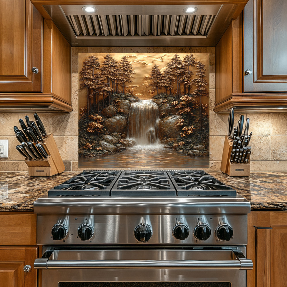 Copper Look Waterfall Tempered Glass Backsplash Panel,Kitchen Stove Splash Guard