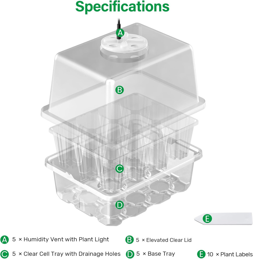 5 Packs Seed Starter Tray with Grow Light, Elevated Seedling Starter Trays Kits