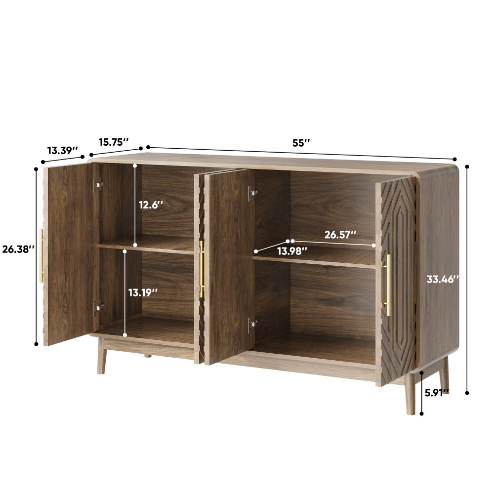 Sideboard with carved doors, storage compartments, and adjustable shelves