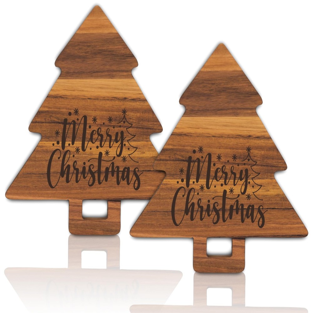 2 Pcs Merry Christmas Wooden Cutting Board Xmas Tree Kitchen Charcuterie Boar...