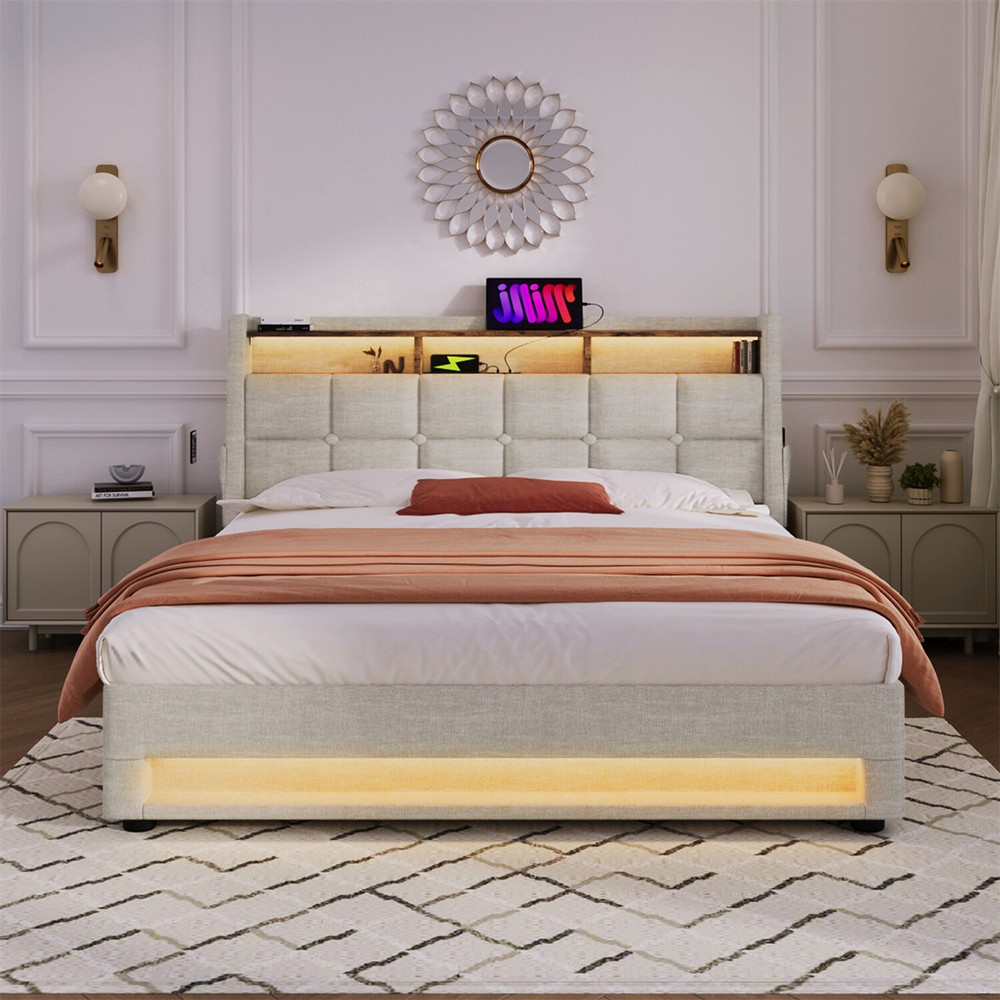 Queen Size LED Bed Frame Upholstered Platform Bed w/ Hydraulic Storage System US