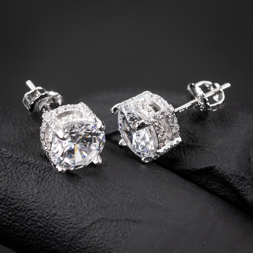 Fully Iced Round Solitaire 925 Sterling Silver Circle Stud Screw Back Earrings