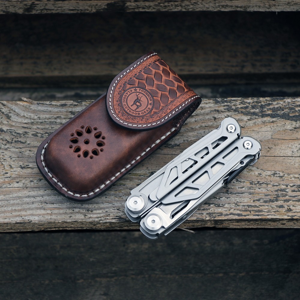 TOURBON Leather Multitool Belt Holster Folding Knife Horizontal/Vertical Sheath