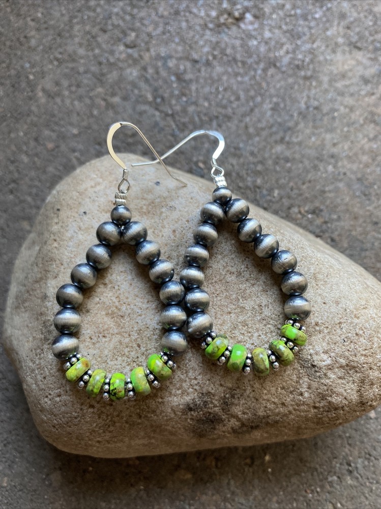 Sterling Silver Green Turquoise W Pearls Bead Loop Earrings.