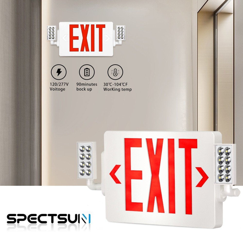 UL Listed-4 Packs Led Red Exit Sign Combo with Lights Battery Backup Set.